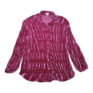 Bibi Women’s Metallic Pink Velvet Button Down Shirt Ruched Long Sleeve Sz Small